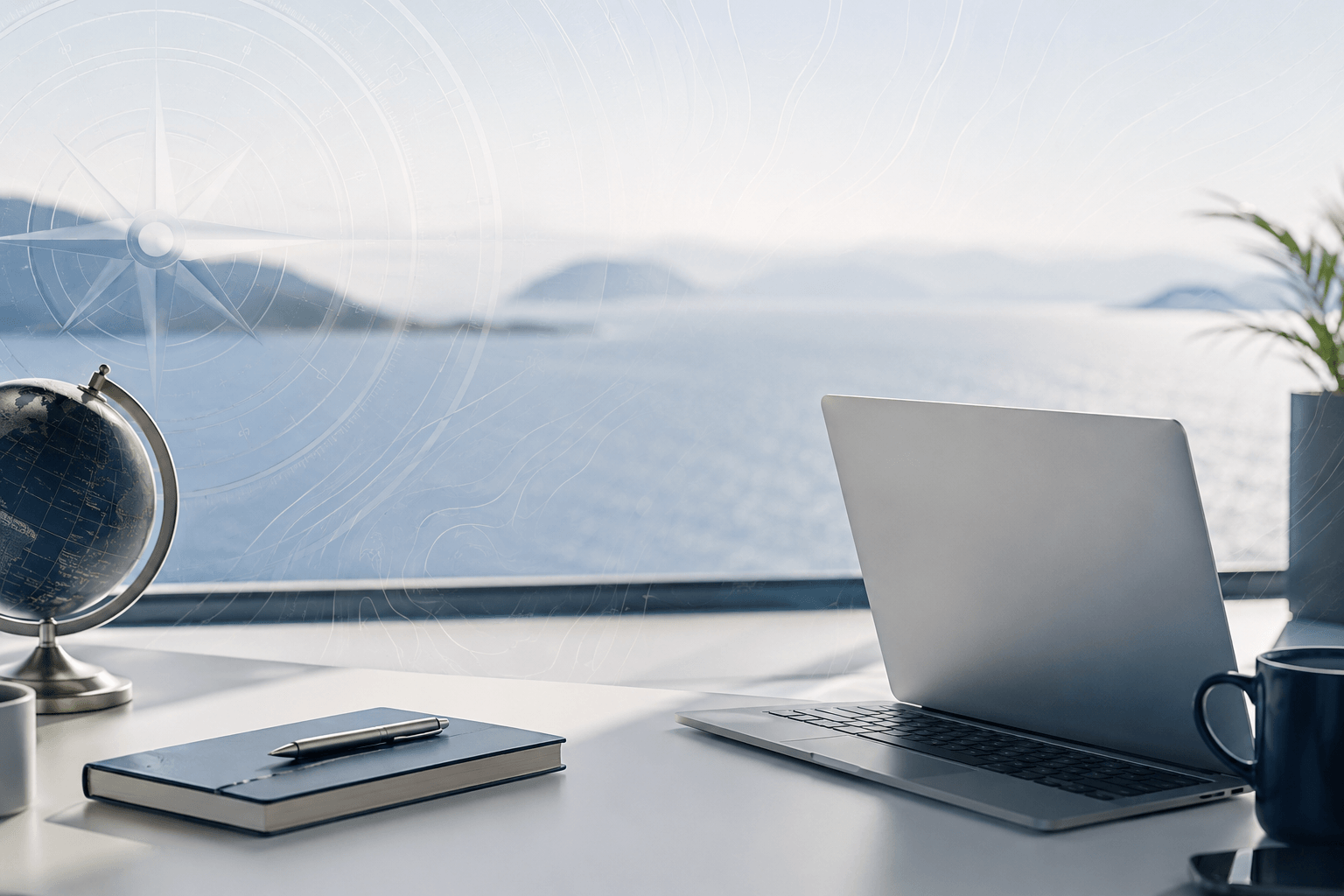 Modern office workspace with laptop overlooking the waterfront, representing professional insurance and advisory services